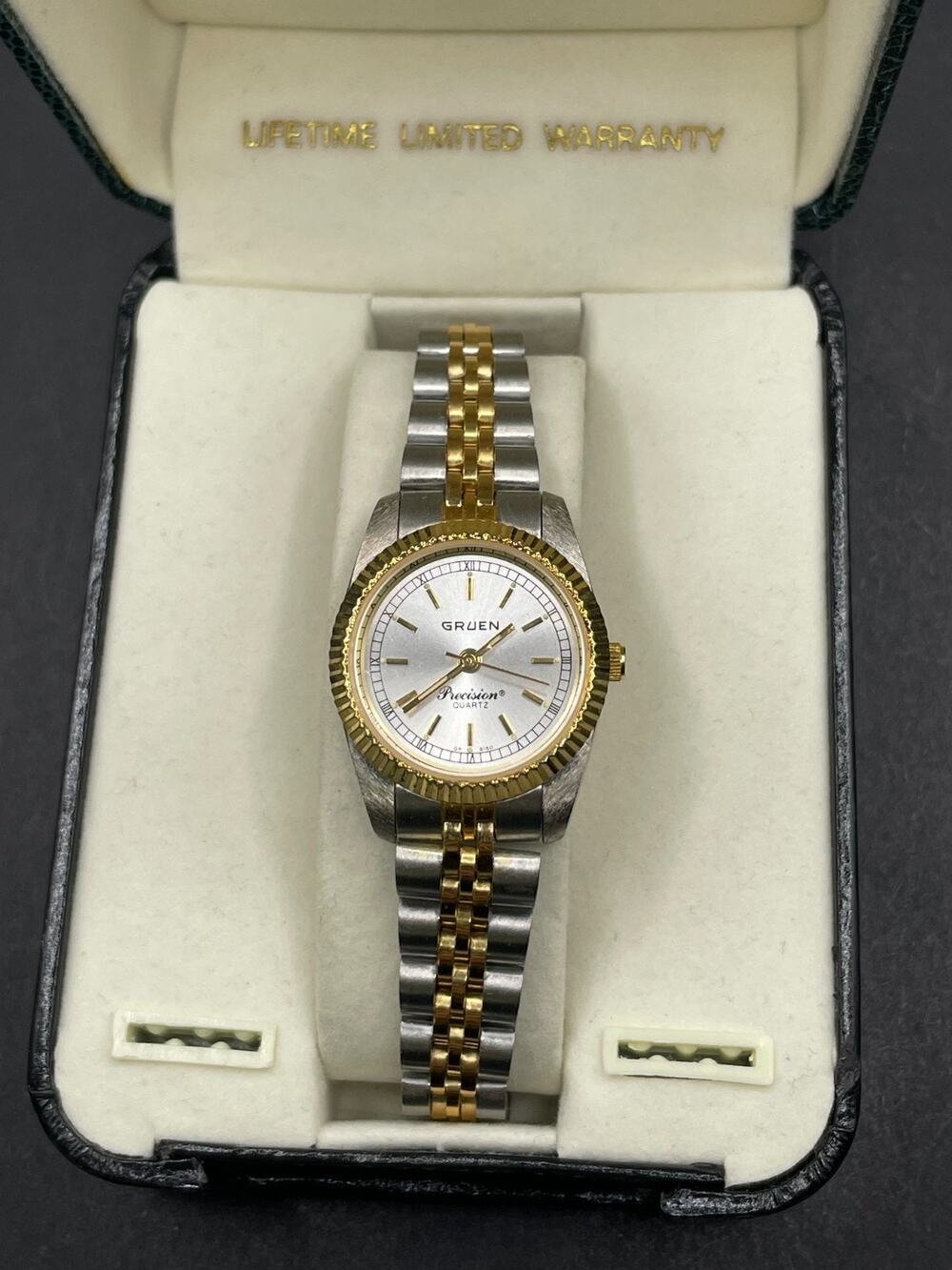 Vtg Precision by Gruen Quartz Watch Women's Two Tone 230-202.104 w/ Case